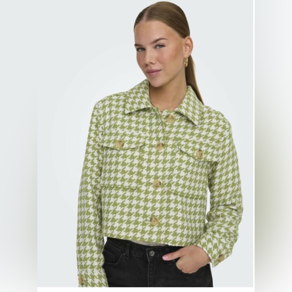 Only Green Houndstooth Button Down blazer cropped women jacket small ganna style - Picture 3 of 11